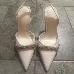 Zara Pale Pink Pointed Slingback Heels with Crystal Embellishment